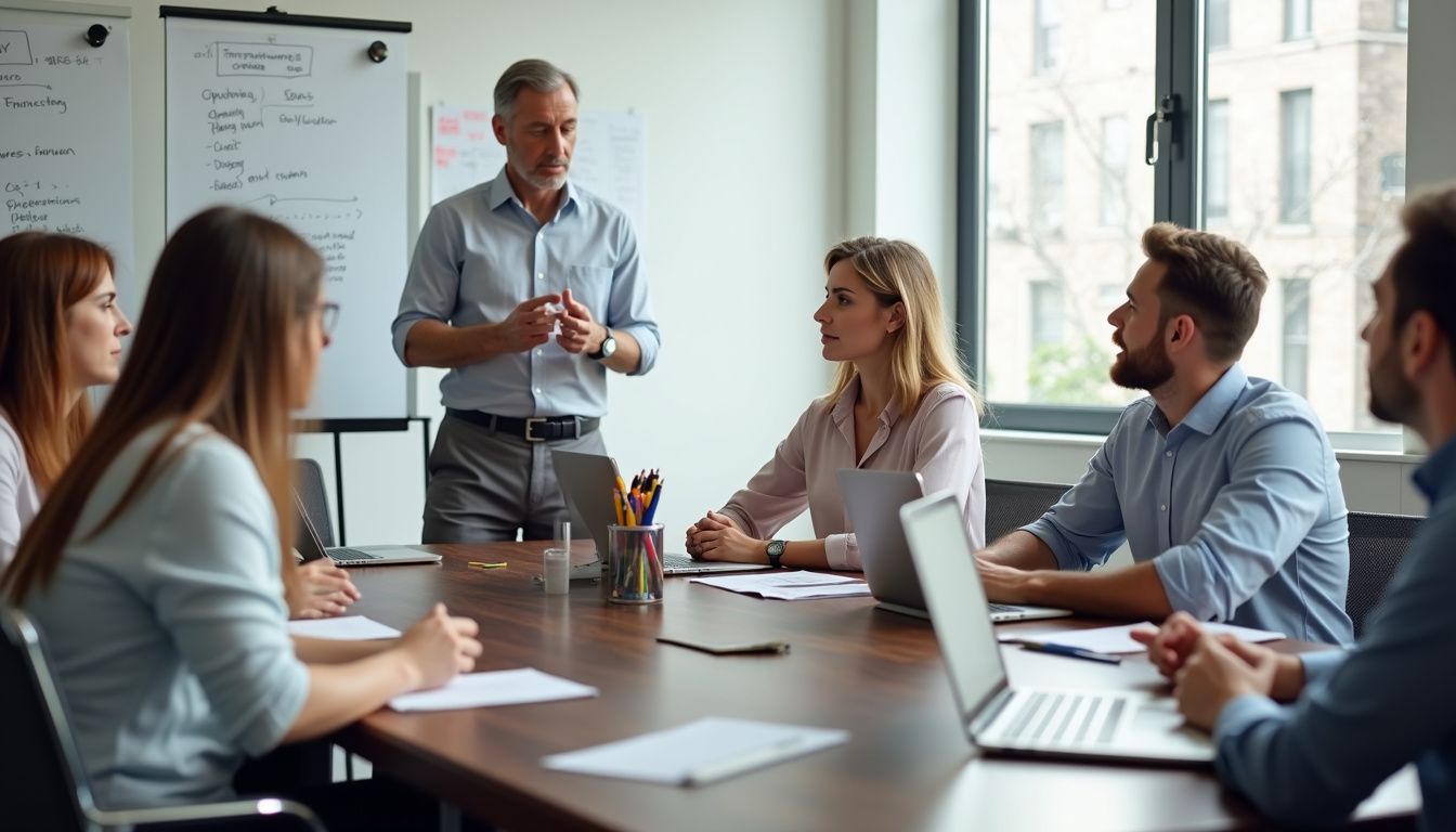 A diverse group participates in a conflict management workshop at a conference table.