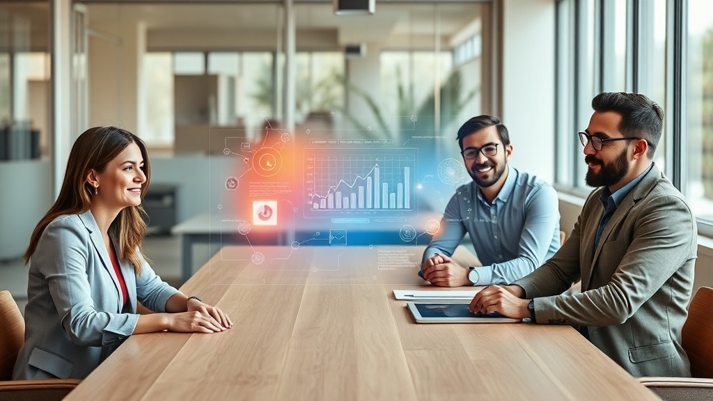 Diverse team collaborating with AI interface in modern office